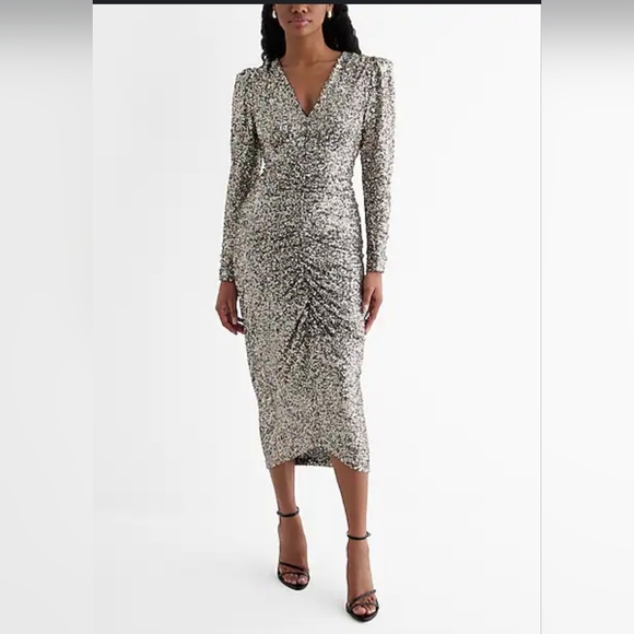 NWT!Express Sequin Silver V-Neck Puff Sleeve Ruched Midi Sheath Dress Size XS - Picture 3 of 15